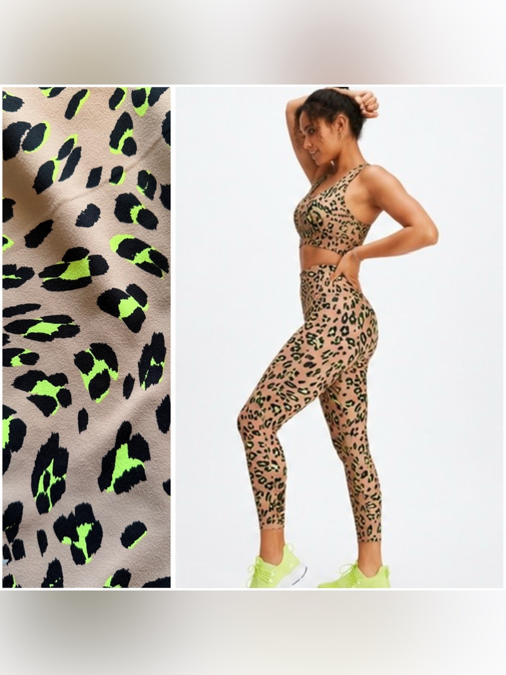 Fabletics Beige & Neon Green Leopard  Leggings & Sports Bra